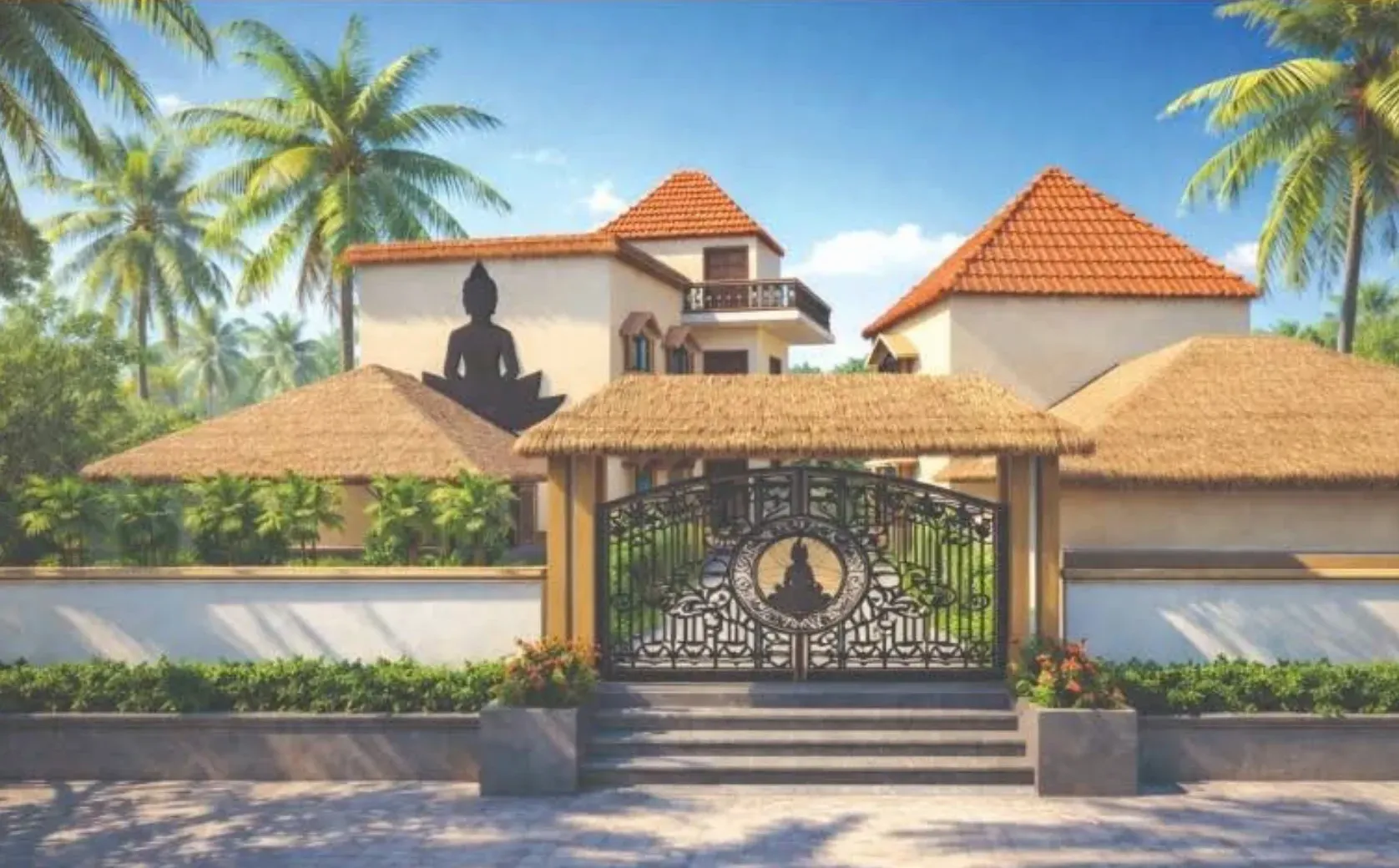 Drawing of the planned ashram: white buildings with tiled and thatched roofs behind a low wall, a dark meditating figure on one wall, an iron gate with steps up to it, and coconut palms all around.